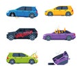 Damaged car vehicles set. Road traffic accidents and vandalism cartoon vector illustration