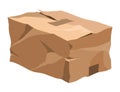 Damaged cardboard box. Crumpled brown bag for storage. Retail, logistics, delivery, storage concept. Cartoon broken