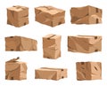 Damaged cardboard boxes. Crumpled brown bag for storage. Retail, logistics, delivery, storage concept. Cartoon broken