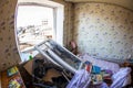 Damaged children`s bedroom in the apartment of one of the houses as a result of explosions and shelling by the Russian occupation