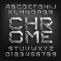 Damaged Chrome alphabet font. Scratched beveled metallic letters and numbers with shadow. Royalty Free Stock Photo