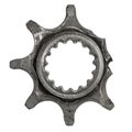 Damaged cogwheel close-up, ruined gear, isolated on white