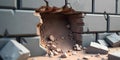 Broken Concrete Block Wall with Hole and Debris Destruction Royalty Free Stock Photo
