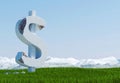 Damaged concrete dollar sign statue isolated on grass meadow with snowy mountain and blue sky as background
