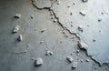 Damaged concrete floor with pieces of cement plaster, cracks. Texture of grey surface broken state. Building structure under Royalty Free Stock Photo
