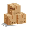 Damaged crate boxes 3d, broken cardboard box, flat style cardboard parcel boxes wet, packaging cargo, isometric boxes torn Royalty Free Stock Photo