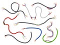 Damaged electrical cables. Realistic flexible broken wires. 3D cords with thin wiring. Various shapes and length pieces