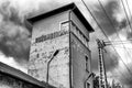 Damaged facade of old building of train station in city Ruzomberok at Slovakia