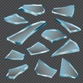 Damaged glass shapes. Shattered mirror or window transparent glasses crash vector realistic illustrations