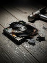 Damaged Hard Drive with Hammer on Wooden Floor Royalty Free Stock Photo