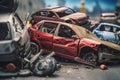 Damaged in heavy car accident vehicles after collision on city street crash site Generative AI Royalty Free Stock Photo