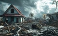 A damaged house amidst debris under a cloudy sky, depicting a scene of devastation and loss.