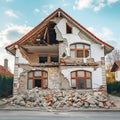 Damaged house with exposed brick and debris, house with a severely damaged facade, exposing bricks and debris scattered in front,