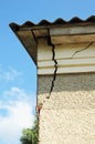 Damaged house stucco wall corner. Cracked Wall near Roof Construction. detail of damaged house corner dilapidated old building Royalty Free Stock Photo