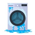Damaged, leaked washing machine, broken household appliance. Broken domestic equipment vector illustration. Broken down