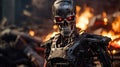 Damaged metal skeleton robot, without human shell, humanoid with artificial intelligence, in destroyed abandoned environment,