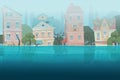 Damaged by natural disaster flood houses and trees partially submerged in the water in cartoon city concept. Storm city Royalty Free Stock Photo