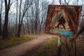 Damaged pedestrian sign at forestal road Royalty Free Stock Photo