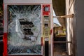 Damaged Selecta vending machine. Broken glass. Violence concept