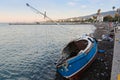 Damaged ship of refugees in Greece
