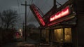 A damaged sign hangs precariously above a destroyed storefront its lights flickering ominously in the poststorm darkness