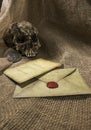 Damaged skull with a letter, with a burlap background