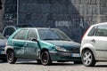 The damaged small French Citroen Saxo hatchback after a car accident because of typical careless driving and parking in Southern Royalty Free Stock Photo