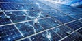 Damaged solar panel array under a dramatic sky a close-up view of a large-scale solar power system showing extensive damage from Royalty Free Stock Photo