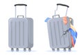 Damaged suitcase. Ripped vacation luggage, baggage airport exchange, cartoon travel bag lost plastic suitcases with