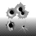 Damaged surface bullet hole glass cracks and metal or wall isolated on transparent vector shot