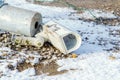 Damaged surveillance camera on the ground as a concept of failing policy of total surveillance. Vandalism act during riots. Royalty Free Stock Photo