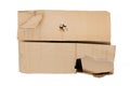 Damaged and torn shipping box. Isolated on a white background. Top view. Broken box. Royalty Free Stock Photo