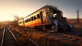 Damaged train on rails. Destroyed railroad