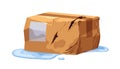 Damaged wet cardboard box, wrinkled parcel. Soaked package, violation of integrity. Rumpled spoiled post order in water