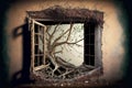 damaged window of old abandoned house with sprouted branches from tree Royalty Free Stock Photo