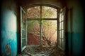 Damaged window of old abandoned house with sprouted branches from tree Royalty Free Stock Photo