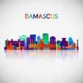 Damascus skyline silhouette in colorful geometric style.