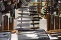 Damascus steel knives in showcase