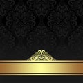 Damask black ornamental Background with golden Ribbon.