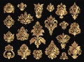 Damask floral ornament. Gold vintage ornaments with flourish elements. Old fashioned baroque decorations for wallpaper