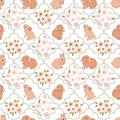 Damask hand drawn wallpaper. Easter pastel rabbit bunny and tiny flowers pattern. Vector floral spring design