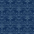Damask motif sashiko stitch pattern. Japanese needlework seamless vector background. Hand drawn line texture for textile print.