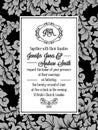 Damask pattern design for wedding invitation in black and white. Brocade royal frame and exquisite monogram Royalty Free Stock Photo