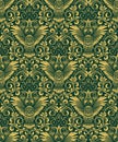 Damask seamless pattern with owl silhouette. Vintage repeating background. Gold green floral ornament in baroque style Royalty Free Stock Photo