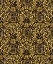 Damask seamless pattern repeating background. Gold black floral ornament with G letter and crown in baroque style Royalty Free Stock Photo