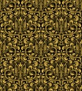 Damask seamless pattern repeating background. Gold black floral ornament with M letter in baroque style Royalty Free Stock Photo