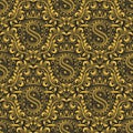 Damask seamless pattern repeating background. Gold black floral ornament with S letter and crown in baroque style Royalty Free Stock Photo