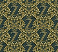 Damask seamless pattern repeating background. Gold blue floral ornament with Z letter and crown in baroque style Royalty Free Stock Photo