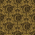 Damask Seamless Pattern Repeating Background. Gold Brown Floral Ornament With C Letter And Crown In Baroque Style