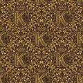 Damask seamless pattern repeating background. Gold brown floral ornament with K letter and crown in baroque style Royalty Free Stock Photo